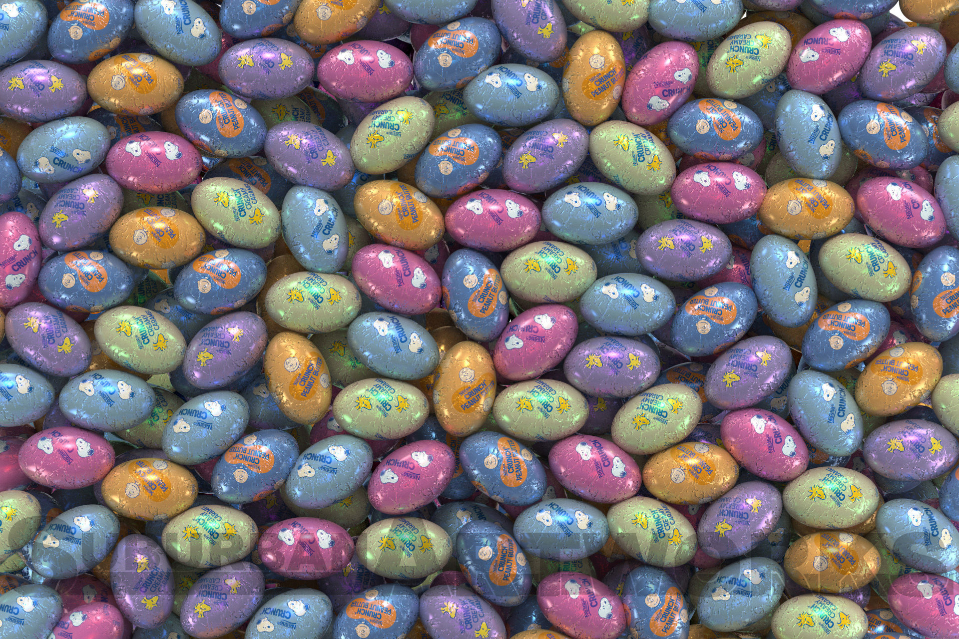 3d rendering of a pile of chocolate eggs in foil wrappers