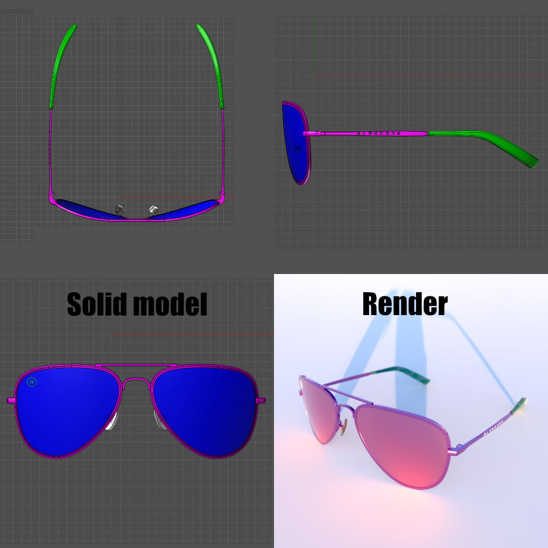 model model of sunglasses showing multiple sides with a rendering