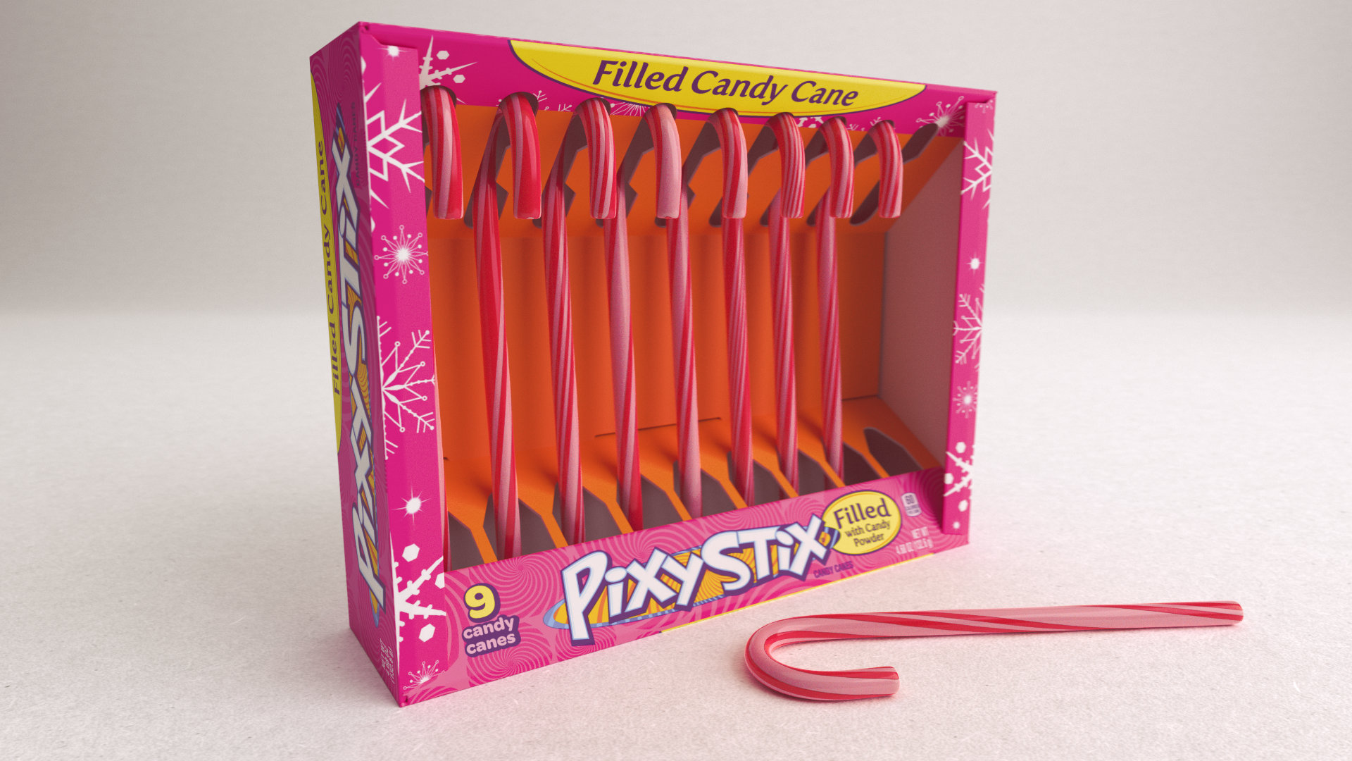 product rendering of a 3d model of a package of candy canes