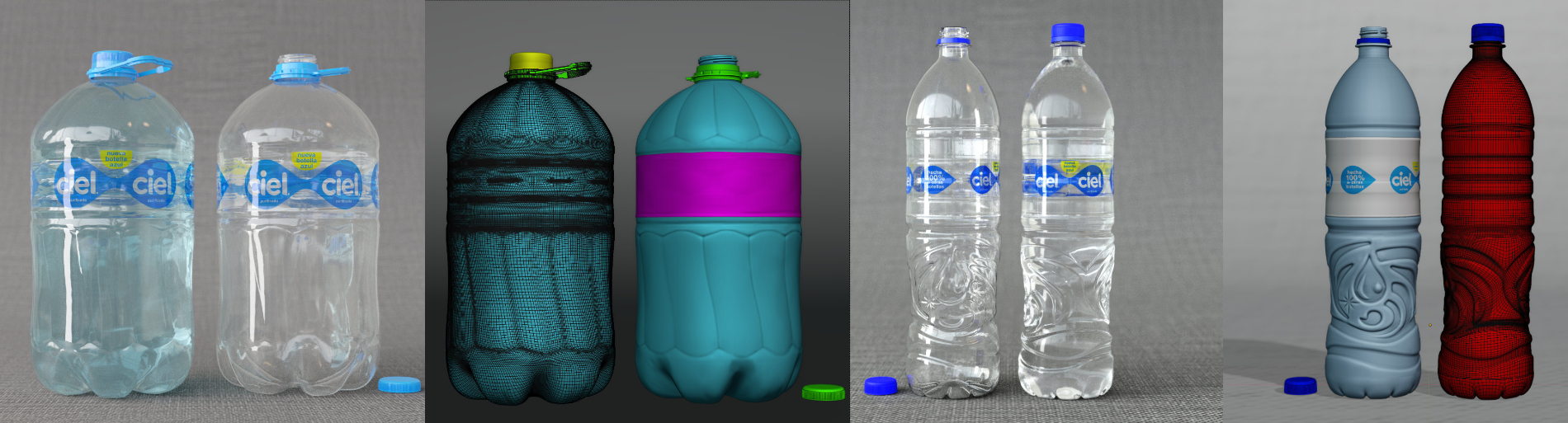 retopolized models of waterbottles with renderings